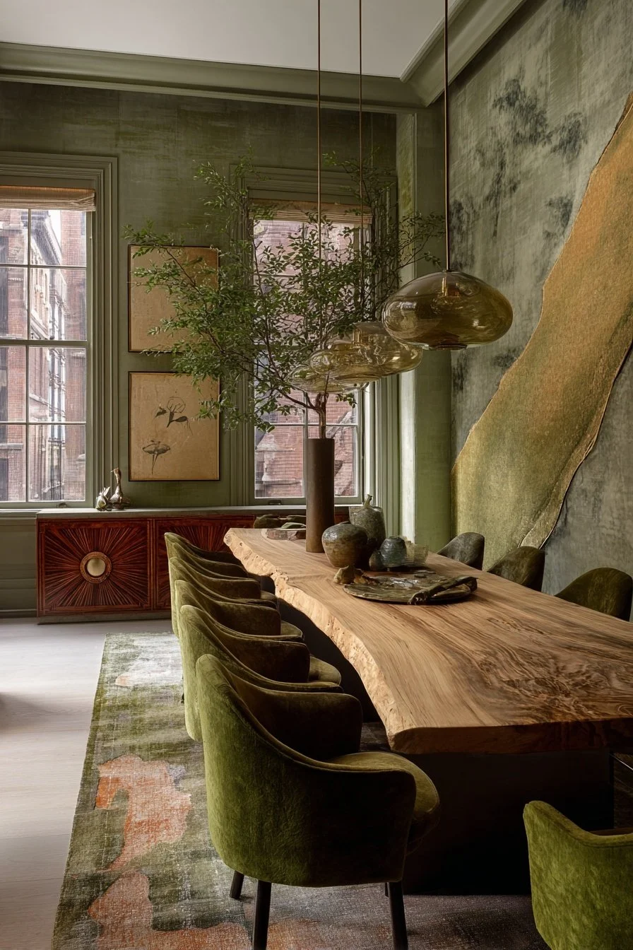 A dining room with a large wooden table, green velvet chairs, a green rug, large windows, and artistic decor with glass pendant lights and vases on the table.