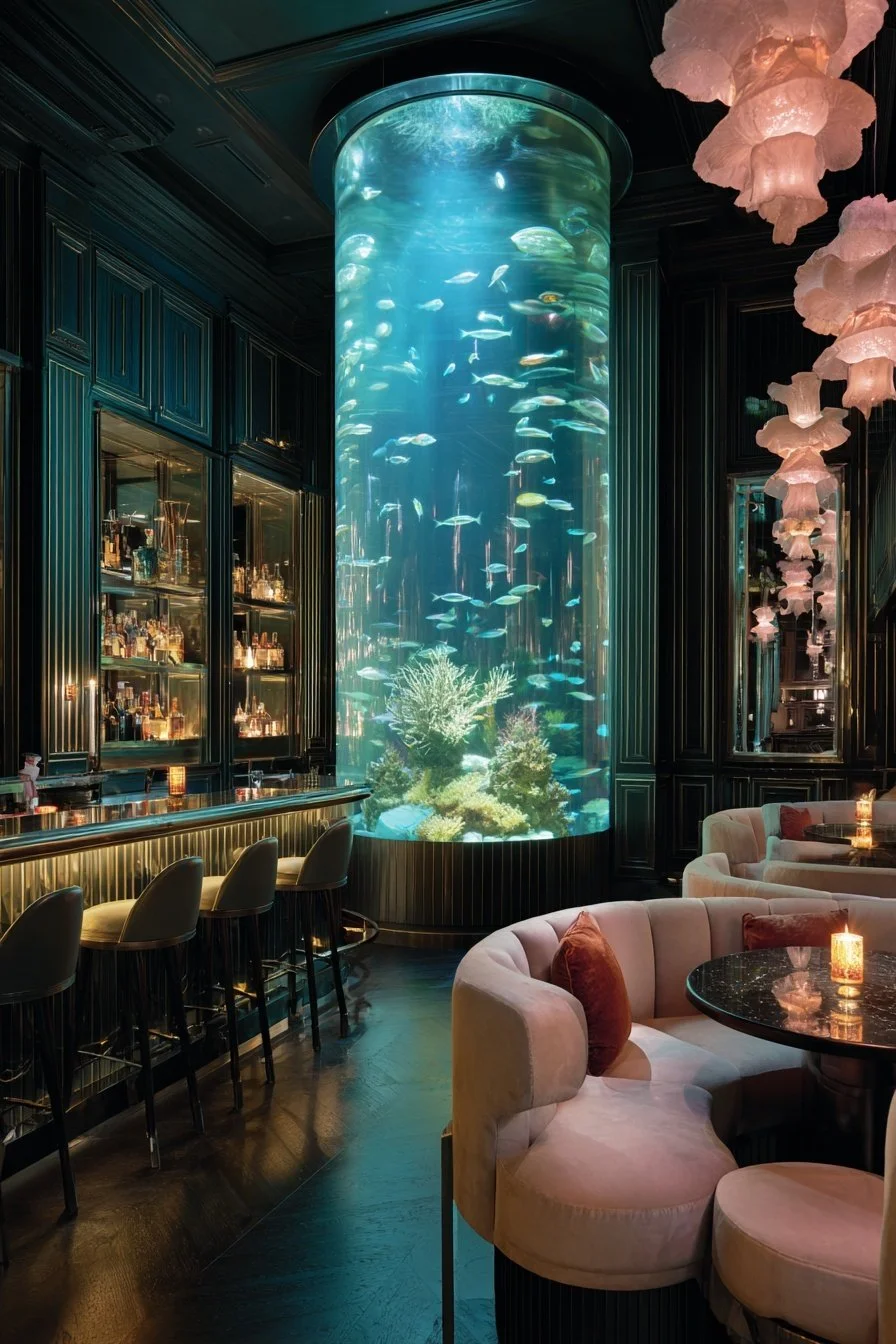 An elegant bar with a large cylindrical aquarium filled with glowing blue water, fish, and coral. The bar features a dark wood interior, plush seating with candles, and a mirrored wall with bottled drinks.