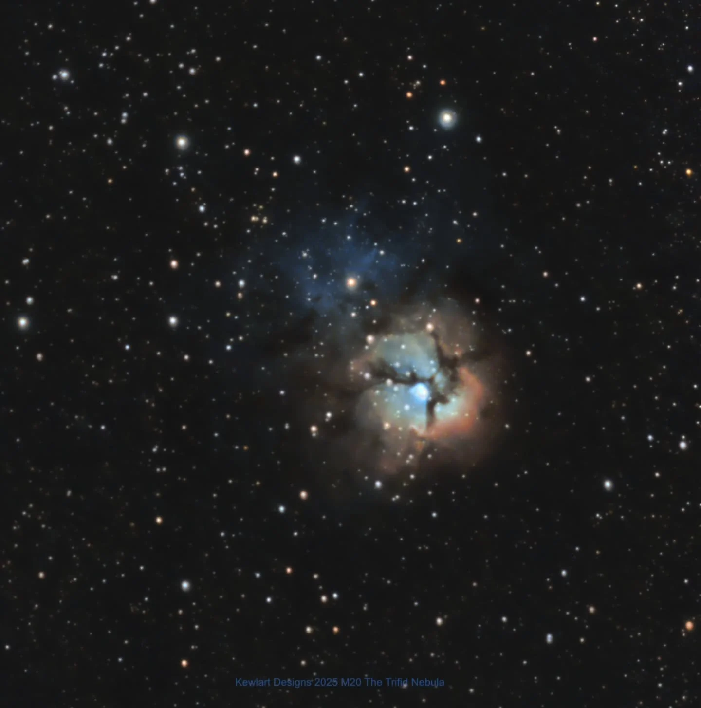 M20 a.k.a. The Trifid Nebula, taken in Aug '24 with my #seestars50. A year later, I stacked 1654 10 sec subs &amp; processed in PixInsight and Affinity Photo 2. 
Name Origin: "Trifid" means "divided into three lobes," referring to