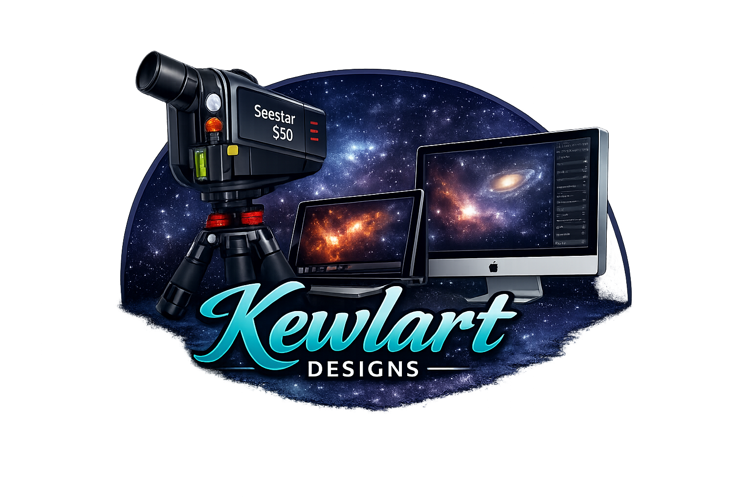 A digital graphic featuring a telescope labeled 'Seestar $50,' a laptop, and an iMac computer, set against a galaxy background with the text 'Kewlart Designs' in stylized font.