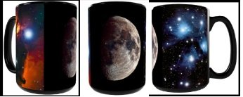 A mug with a cosmic space and moon design, showing stars and the moon's surface.