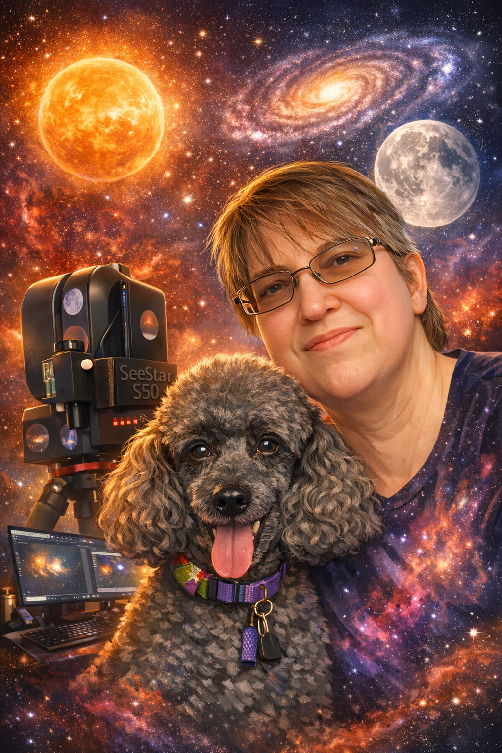 A woman with glasses and short brown hair smiling with a brown poodle dog in front of a space-themed background with planets, stars, and a galaxy, also includes a telescope and a laptop