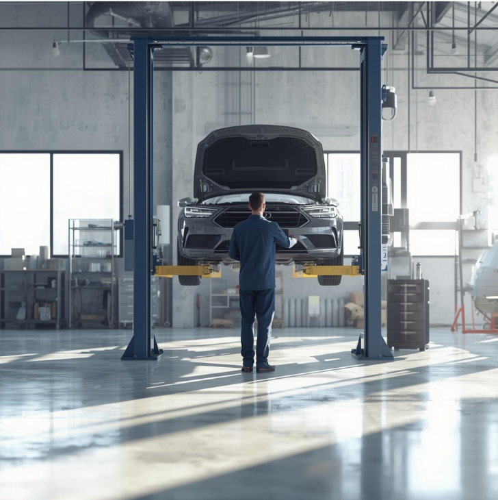 A man in a blue coverall inspecting a car on a hydraulic lift inside an automotive repair shop.