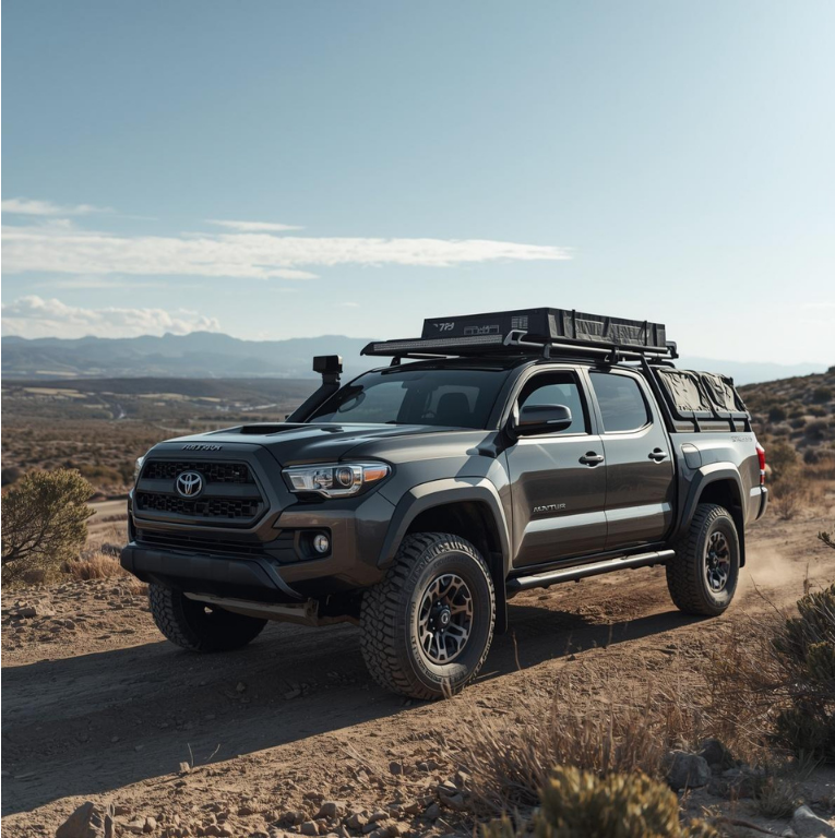 A gray Toyota pickup truck driving on a dirt road in a desert landscape with mountains in the background.