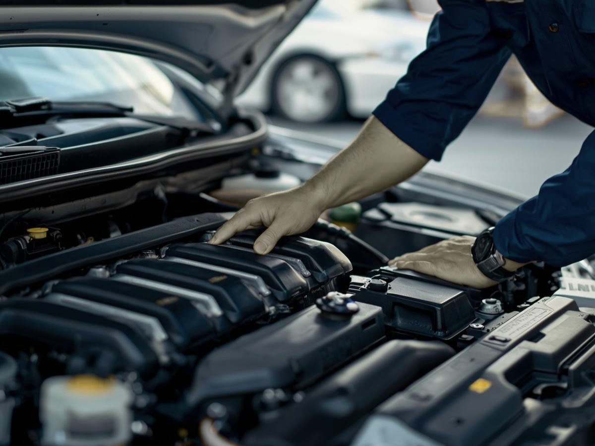 A person wearing gloves and a blue shirt inspecting the engine of a car in a parking lot.