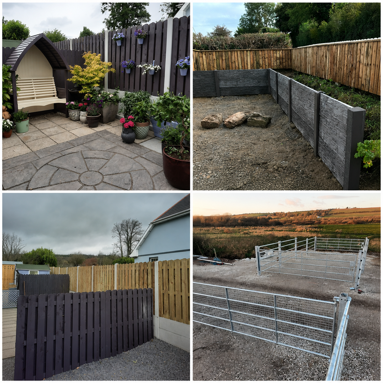 A collage showing four different outdoor fencing projects: top left is a decorated garden patio with a black fence, plants, and flowers; top right is an unfinished gravel area with a wooden fence; bottom left is a yard with a painted black fence and a natural wood fence; bottom right is a construction site with metal fence panels on a dirt ground overlooking a rural landscape.