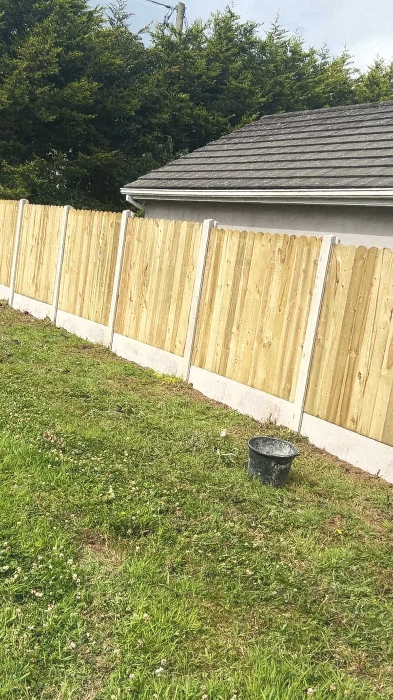 A backyard with a newly installed wooden fence, a grassy lawn with small flowers, a black bucket on the ground, a house with a gray roof in the background, and trees behind the house.