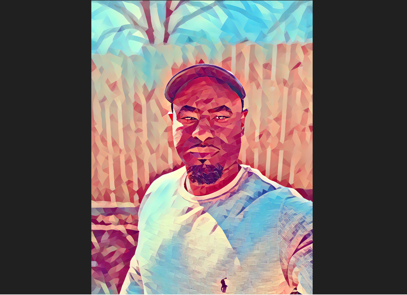 A stylized, low-poly portrait of a man wearing a baseball cap and a white shirt, standing outdoors with a background of tall, dry grasses or crops and blue sky.
