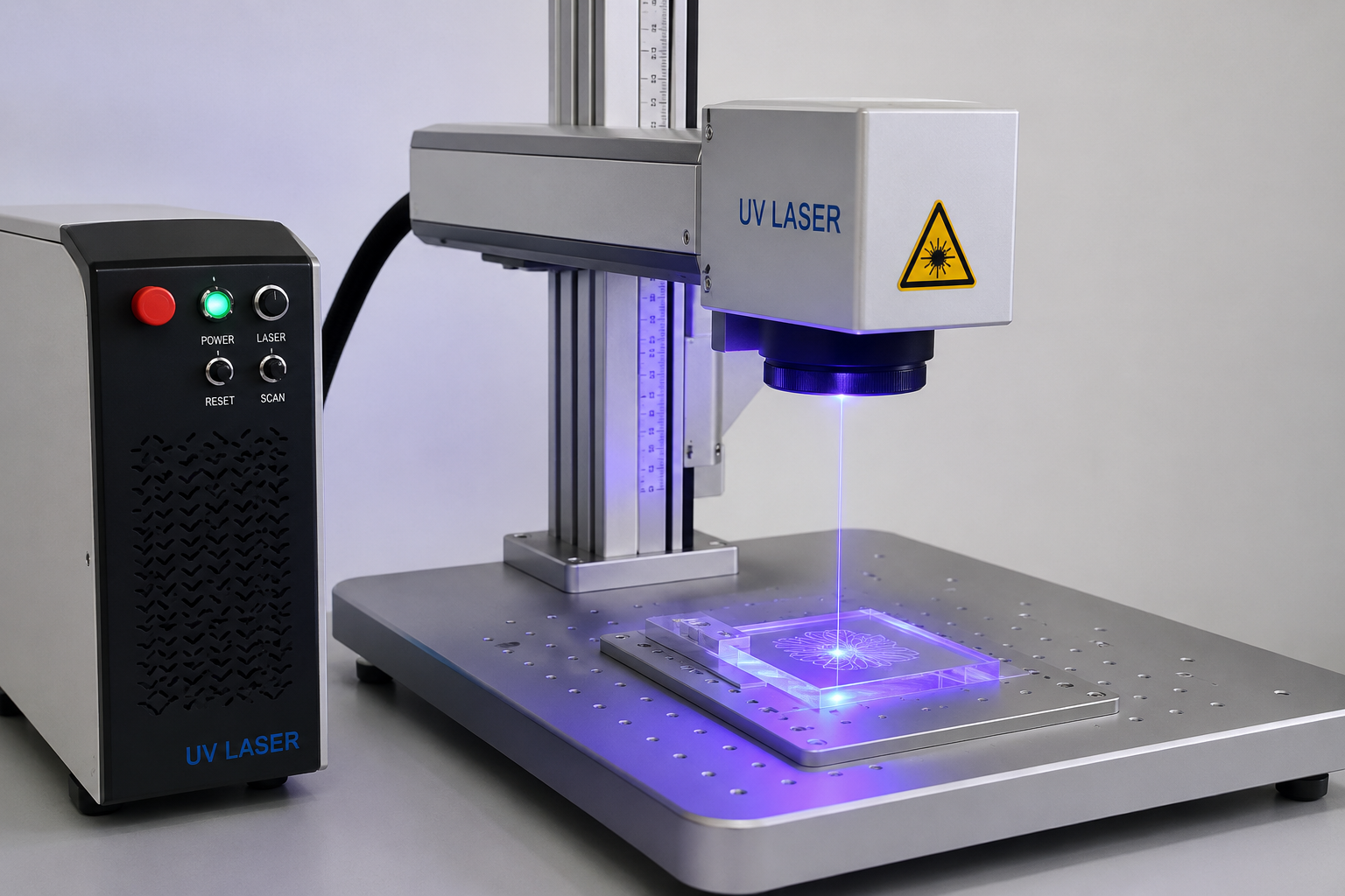 Laboratory setup with UV laser apparatus emitting a blue laser beam onto a small display on a metal platform, with control panel on the side indicating power, laser, reset, and scan buttons.
