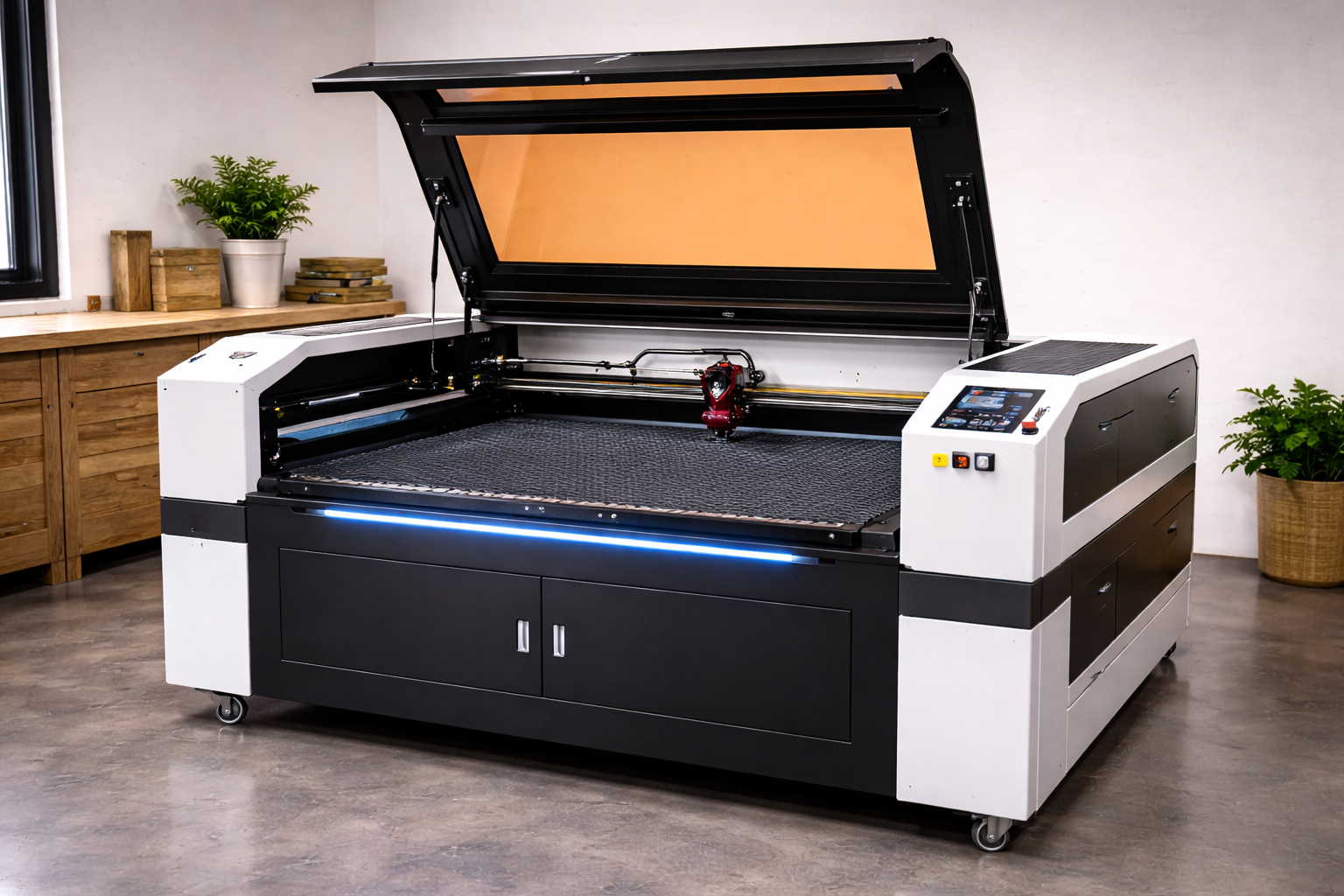 Industrial laser cutting machine in action.png