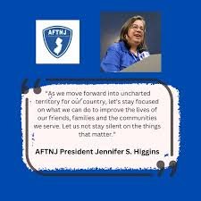 Screenshot of a speech by AFTNJ President Jennifer S. Higgins, showing the AFTNJ logo and her speaking at a podium, with a quote about caring for others and improving lives.