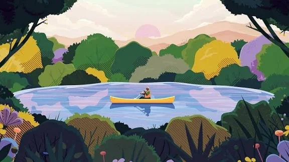 A person kayaking on a calm lake surrounded by lush green trees and colorful bushes, with the sun setting in the background.
