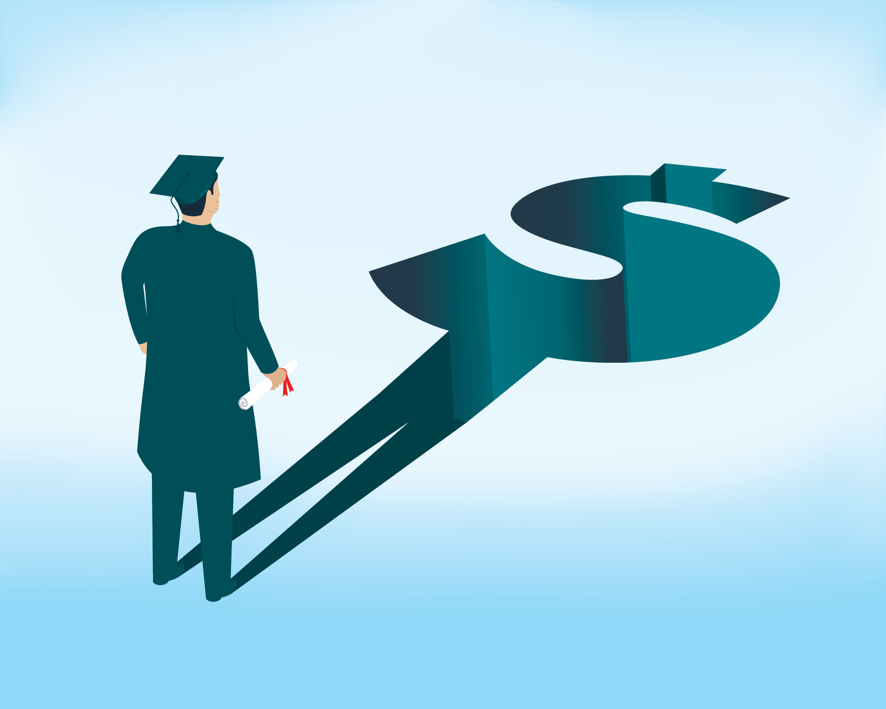 A graduate in a dark gown and mortarboard hat holding a diploma, standing next to a large 3D dollar sign with an arrow extending from it.
