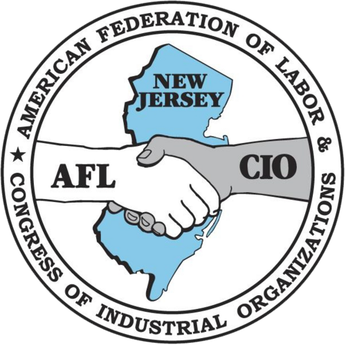 A logo featuring a handshake over a map of New Jersey. The text around the circle reads 'American Federation of Labor & Congress of Industrial Organizations.' The handshake has the labels 'AFL' on one arm and 'CIO' on the other arm.