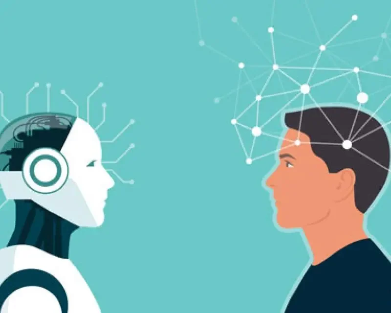 Illustration of a human and a robot facing each other with digital connections above their heads, symbolizing artificial intelligence and human interaction.