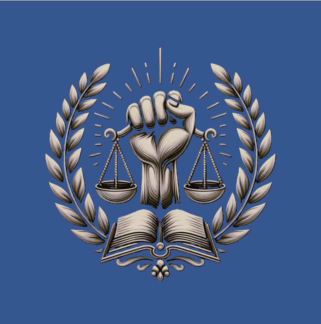 Symbol of justice featuring a raised fist holding scales, an open book below, and a laurel wreath surrounding these elements, all in metallic tones against a blue background.