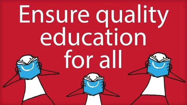 Red background with white text saying "Ensure quality education for all". Three cartoon characters wearing face masks and holding books.