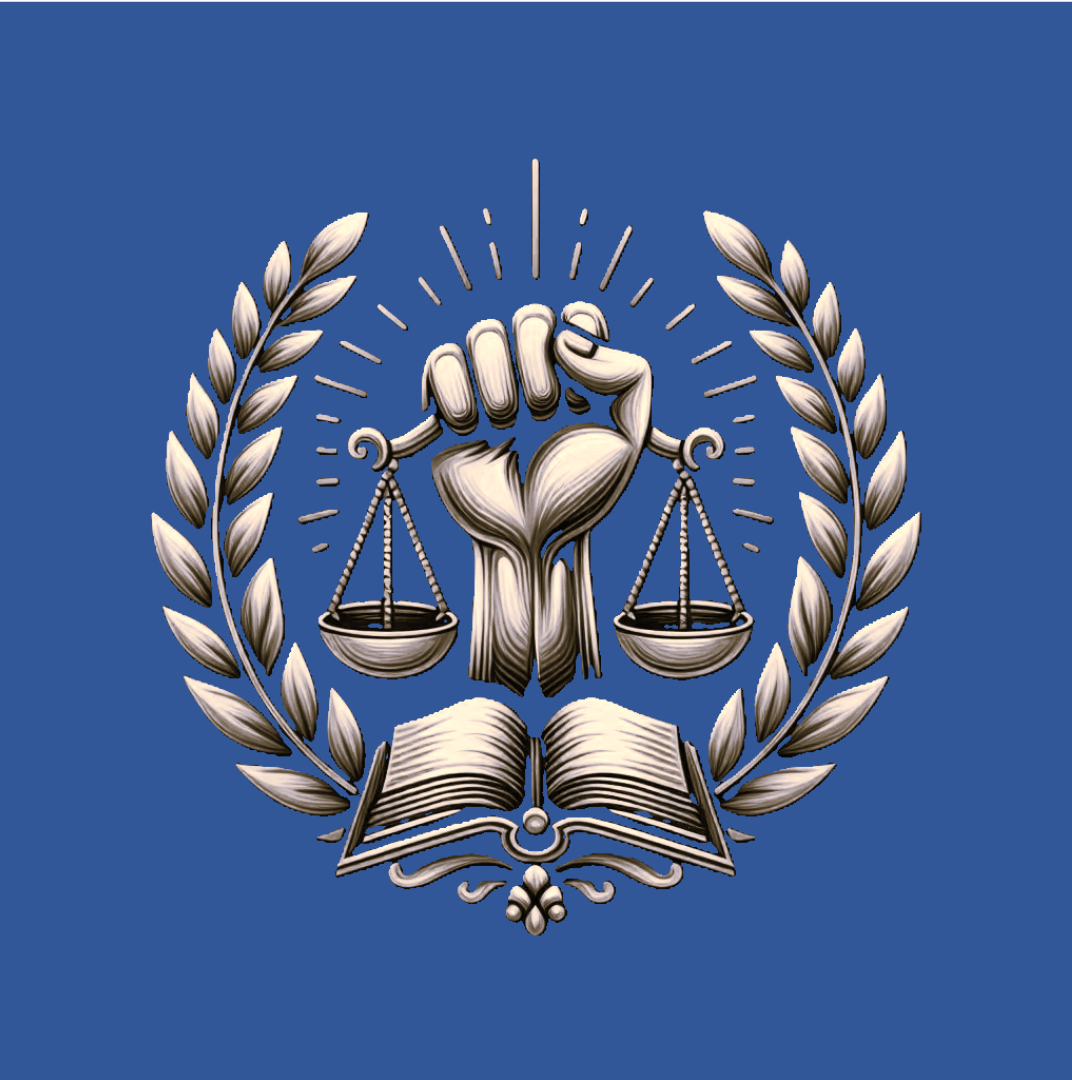 A metallic emblem featuring a raised fist holding a scale, surrounded by laurel branches, with an open book at the base, set against a blue background.