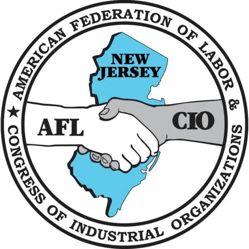 Logo of the American Federation of Labor and Congress of Industrial Organizations (AFL-CIO), featuring a handshake over a map of New Jersey with the words 'New Jersey'.
