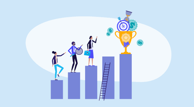 Illustration of four people climbing bar graph steps towards a trophy with a target, arrows, and money symbols, symbolizing achievement and success.