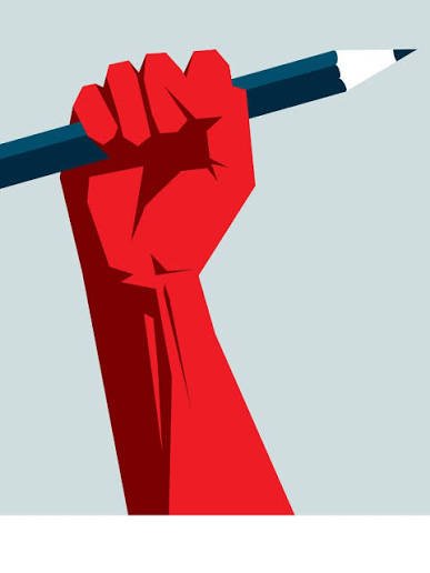 A red fist gripping a pencil with a blue tip, depicted in a stylized, graphic art style.