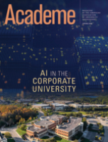 Cover of Academe magazine featuring a cityscape at night with a digital world map and the headline 'AI in the Corporate University'