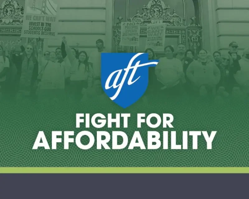 A group of people protesting in front of a building with signs about education funding, with a large sign reading 'Fight for Affordability' and the 'AFL-CIO' logo in the center.