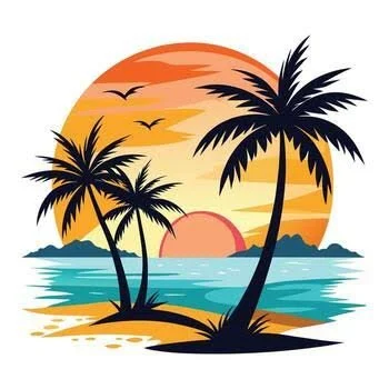 Sunset over the ocean with two palm trees in the foreground