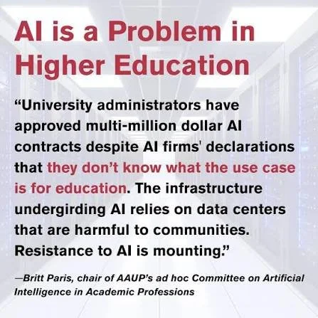 Text discussing AI problems in higher education, mentioning university contracts, AI use cases, infrastructure issues, and resistance.