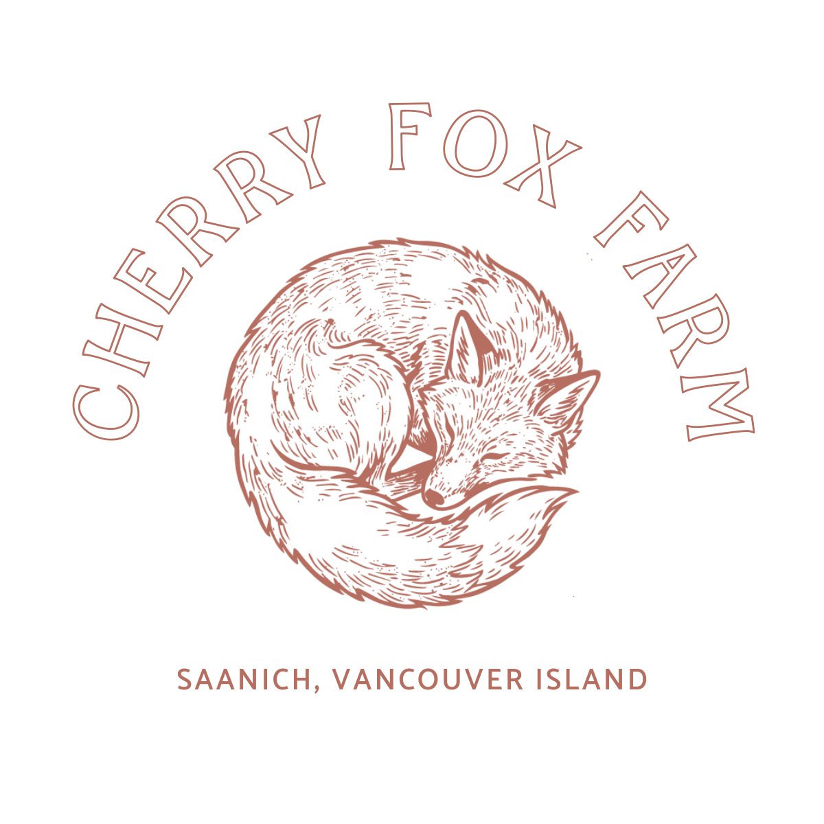 Logo of Cherry Fox Farm featuring a curled-up fox illustration with the farm's name above and location below, against a black background.