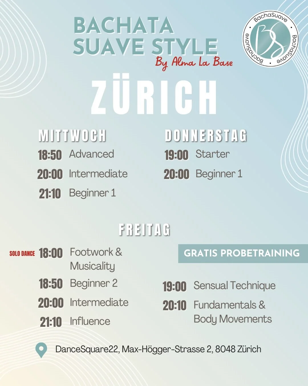 🕺 WOCHEN&Uuml;BERSICHT ✨

Das erwartet dich bei Bachasuave:

3️⃣ studios in Zurich, Rotkreuz, Kriens
📈 20+ weekly classes to choose from (including NEW ones!)
🙌 Range of solo technique, styling, and partner work to level up as a complete dancer

J