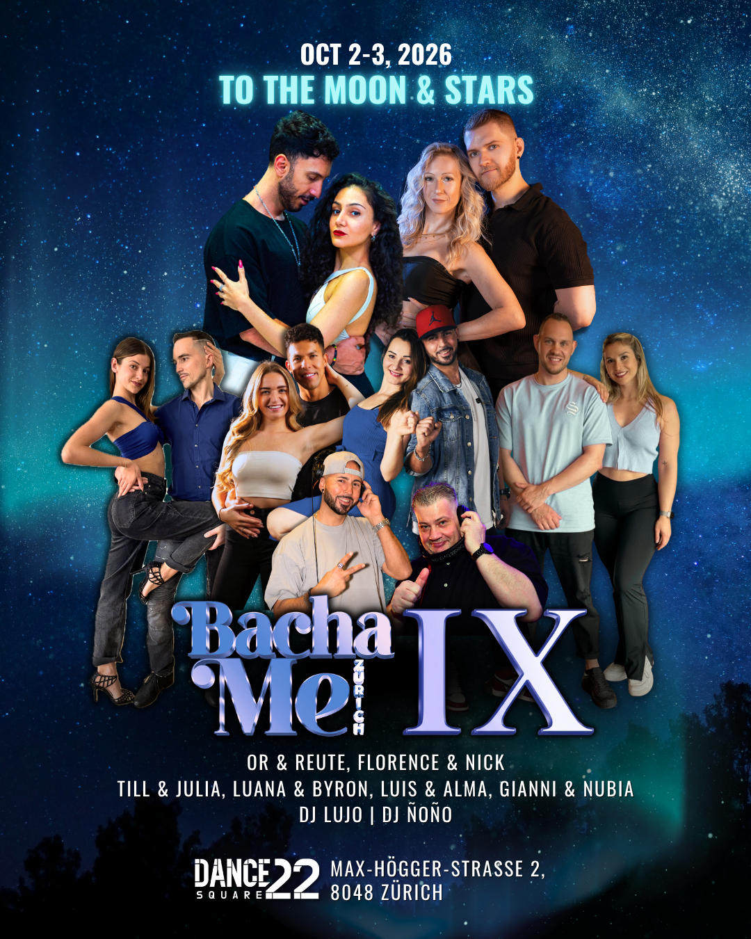 Event poster for 'Bacha Me Mex Tour IX' happening October 2-3, 2026, at DanceSquare 22 in Zurich, featuring a group of diverse young people with a starry night sky background and text details.