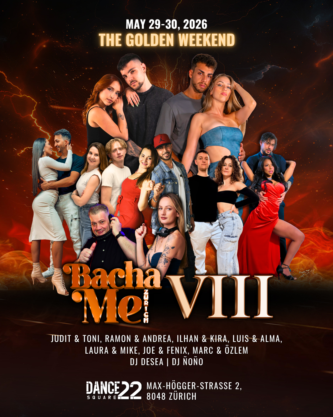 Event poster for Bacha Me Zurch VIII, happening May 29-30, 2026, with a group of diverse people pictured in a fiery background and event details including location at DanceSquare22 in Zurich.