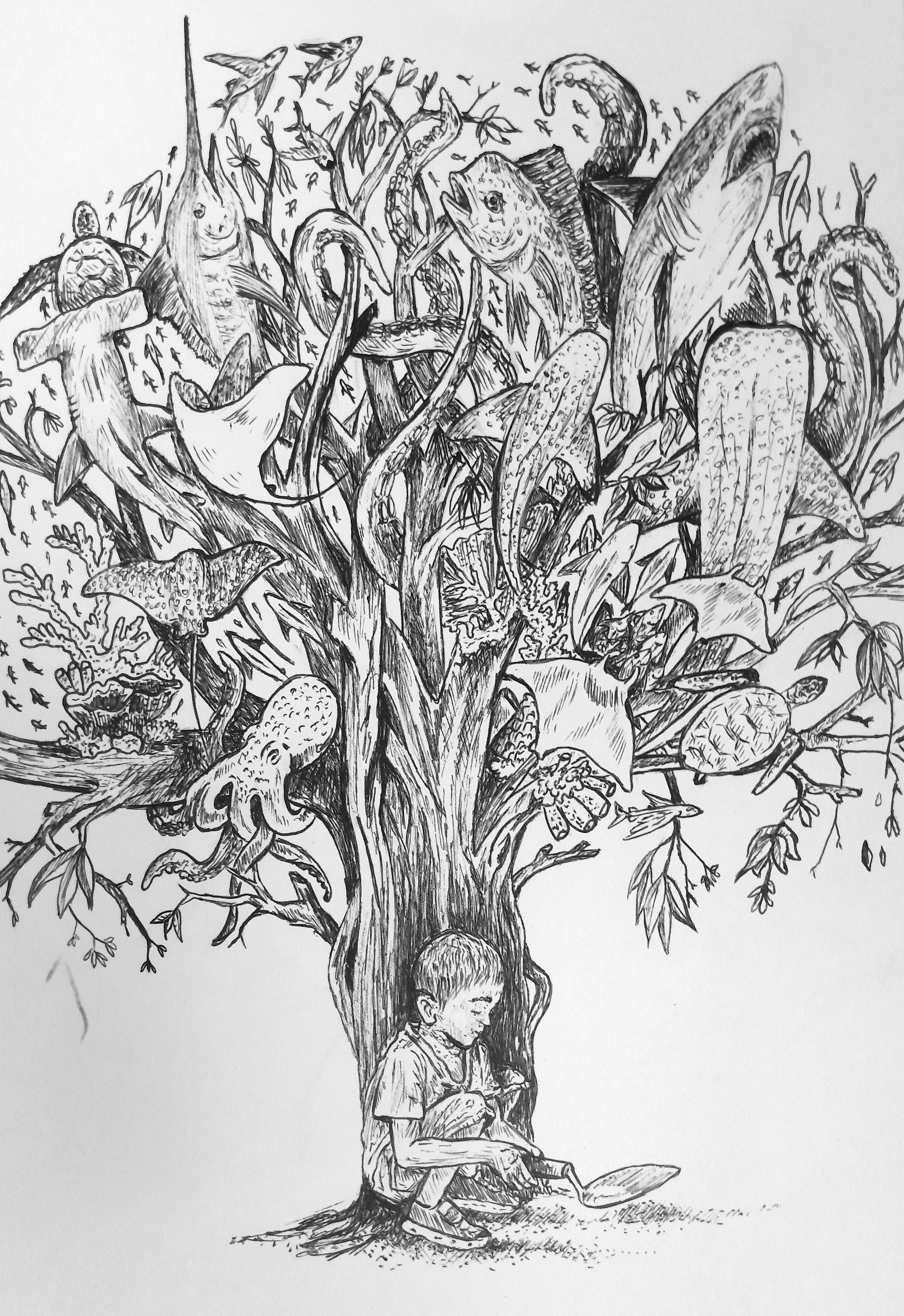 A black and white line drawing of a boy sitting under a large tree, which has many birds, fish, reptiles, and insects sitting on its branches and trunk.