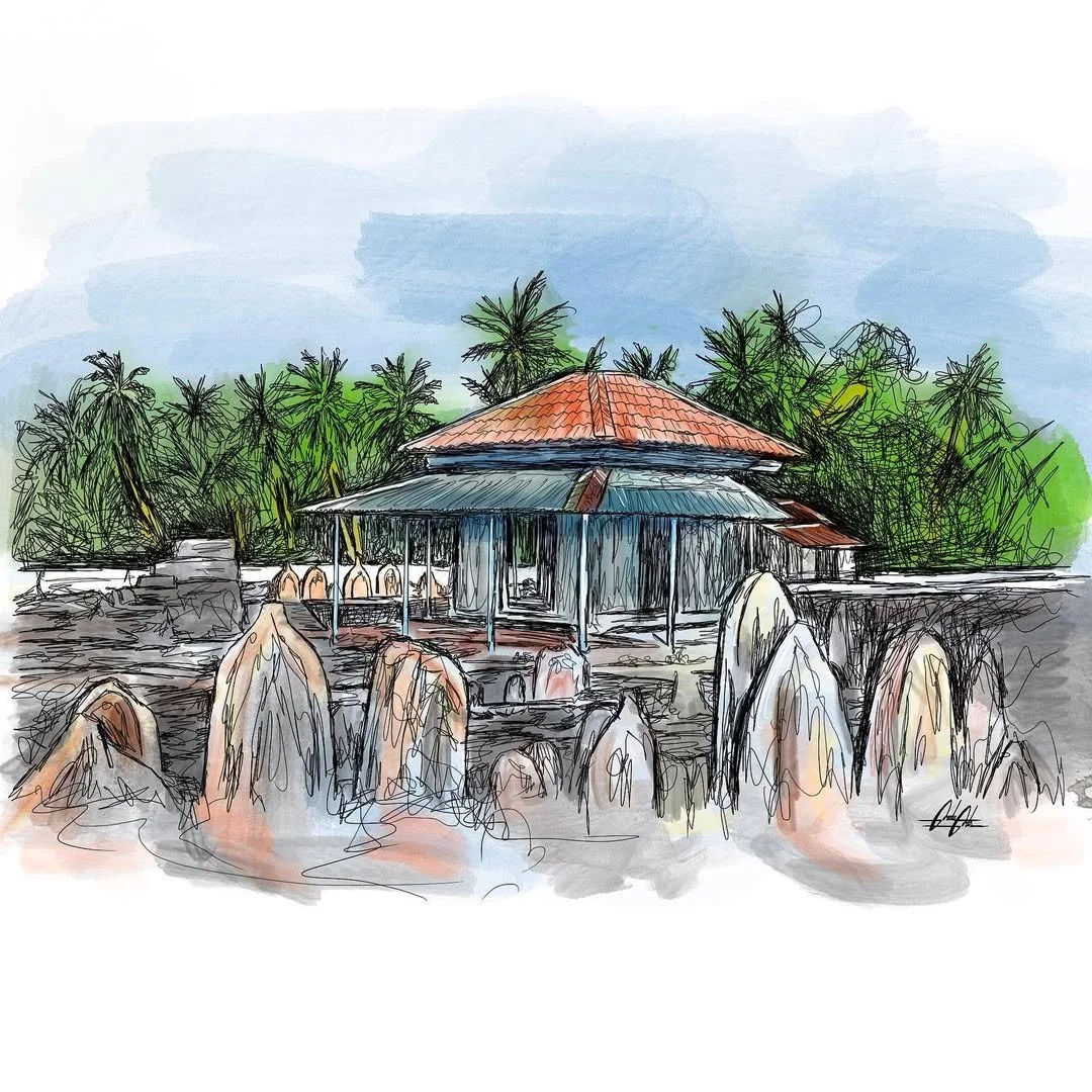 A colorful watercolor sketch of a tropical building with a red-tiled roof, surrounded by greenery and rocks.