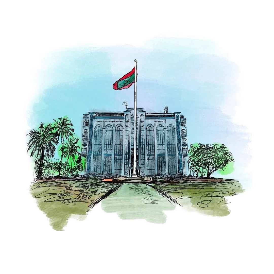 A sketch of a large modern building with a tall flagpole and an African flag flying. The building has tall windows and surrounds a green lawn with palm trees and other greenery.