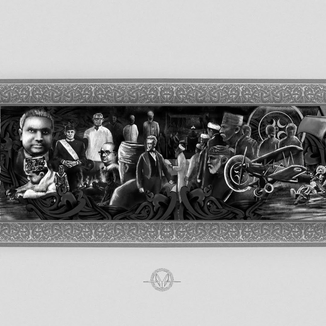Black and white mural featuring portraits of historical and cultural figures, traditional clothing, and symbolic imagery.