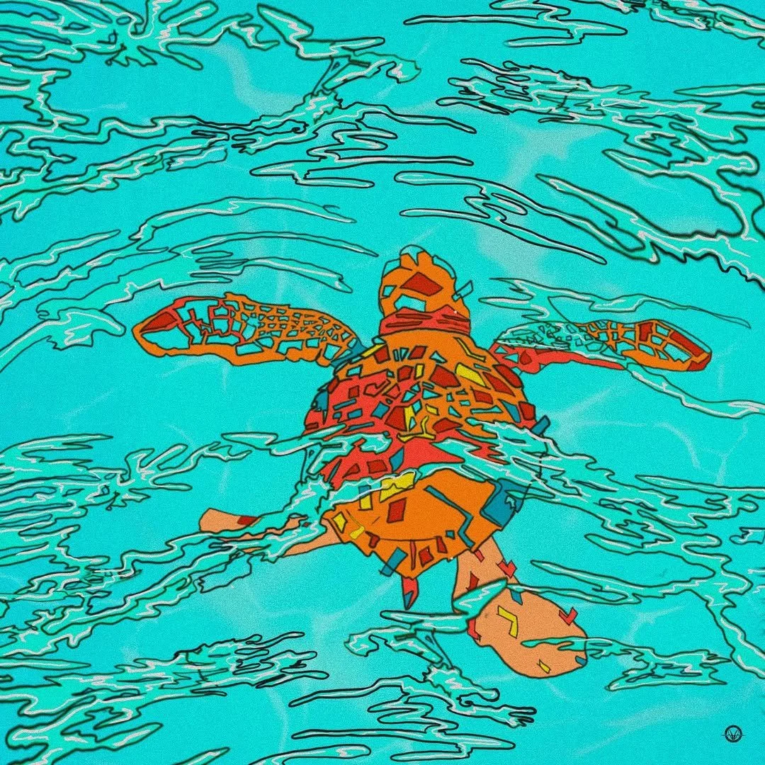 A colorful, abstract illustration of a person swimming in a body of water, depicted with vibrant geometric patterns and outlined in black.
