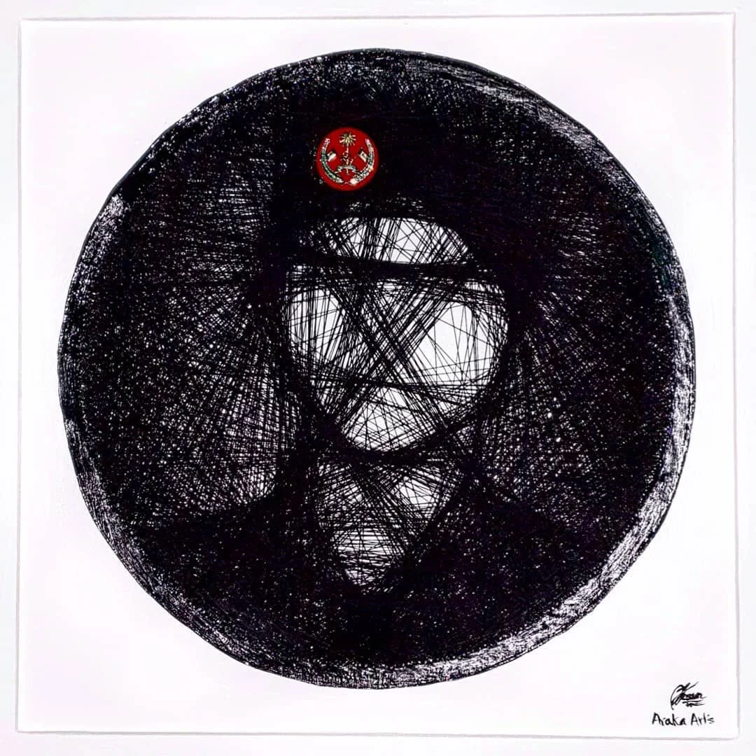 A circular artwork made with black string creating a geometric portrait of a person, with a red and white emblem at the top and a signature in the bottom right corner.