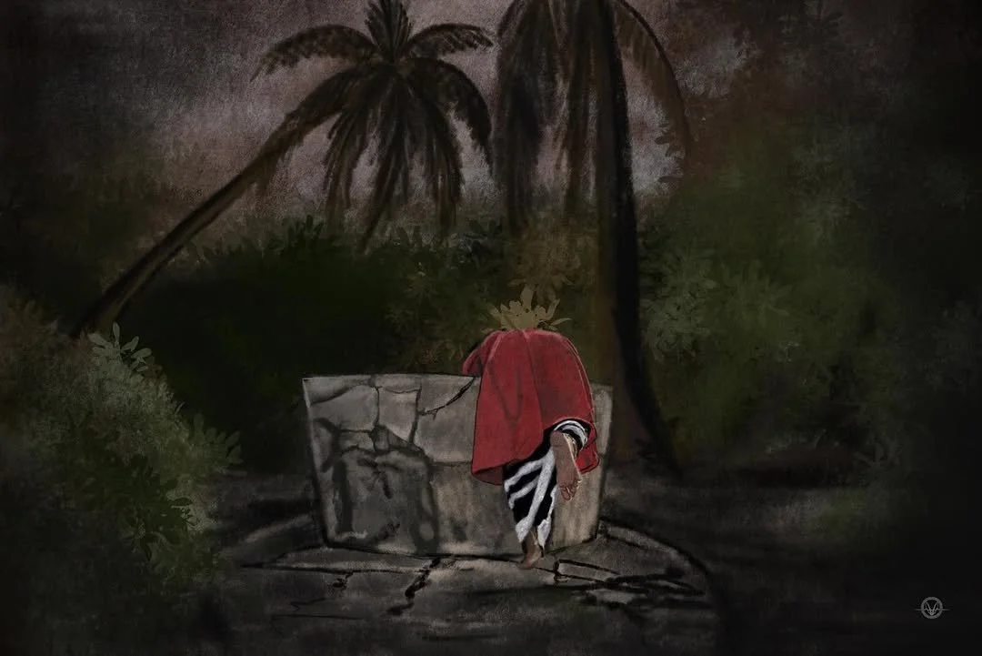 A person slumped over on a stone bench in a park at night, with palm trees and bushes around.