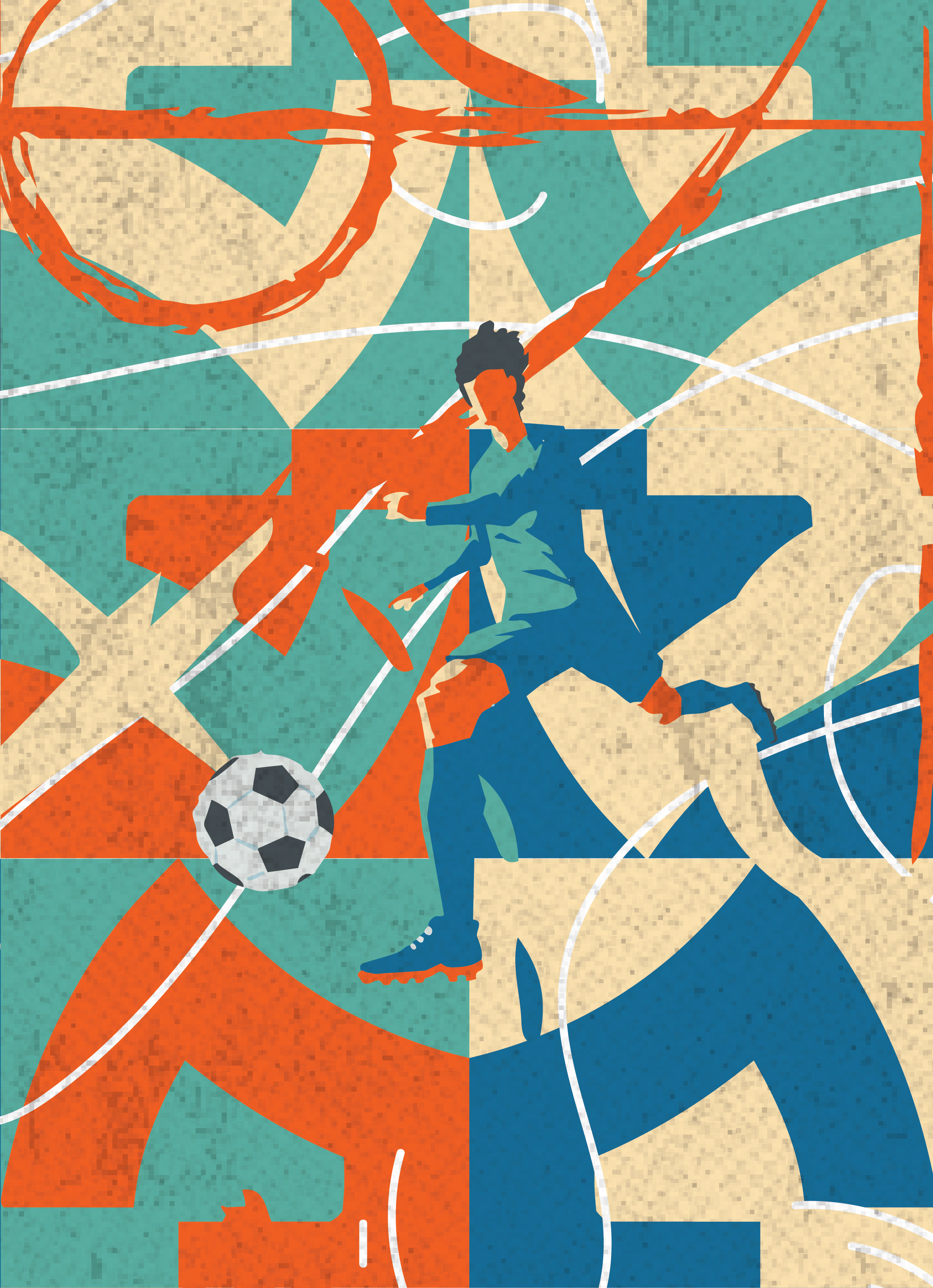 Abstract illustration of a soccer player kicking a soccer ball, with geometric shapes and lines in orange, teal, dark blue, and beige.