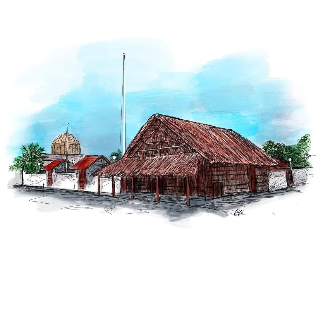 Sketch of traditional buildings with red roofs, surrounded by trees, against a blue sky.