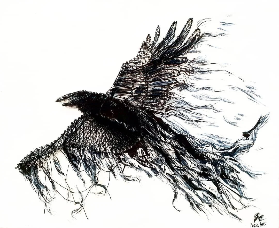 Abstract black wire sculpture resembling a bird in flight, with flowing, wing-like structures on a white background.