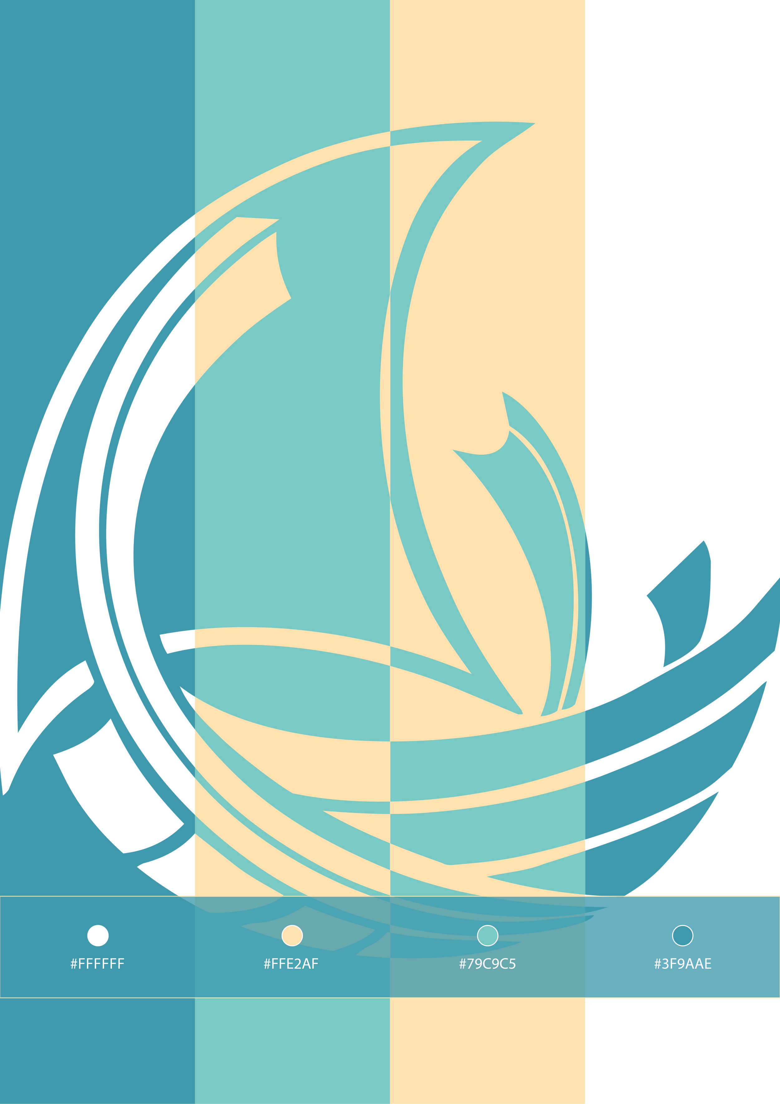 Abstract design with a sailboat, waves, and a nautical theme in shades of blue, cream, and white.