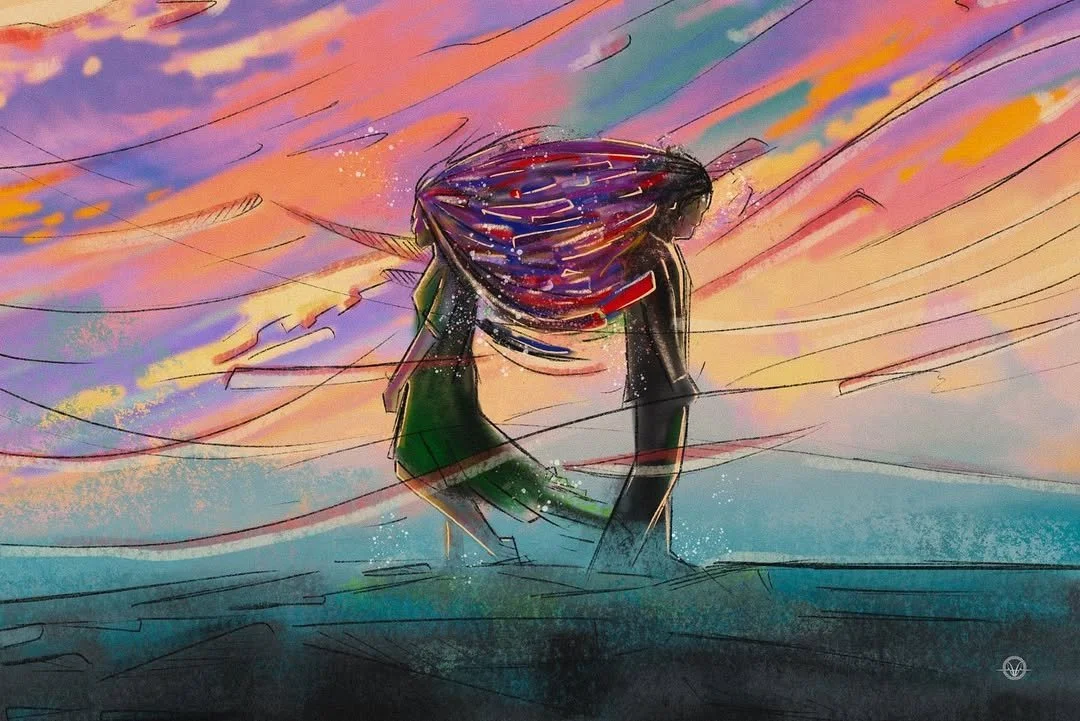 An abstract painting of two people kissing outdoors with a colorful sunset sky in the background.