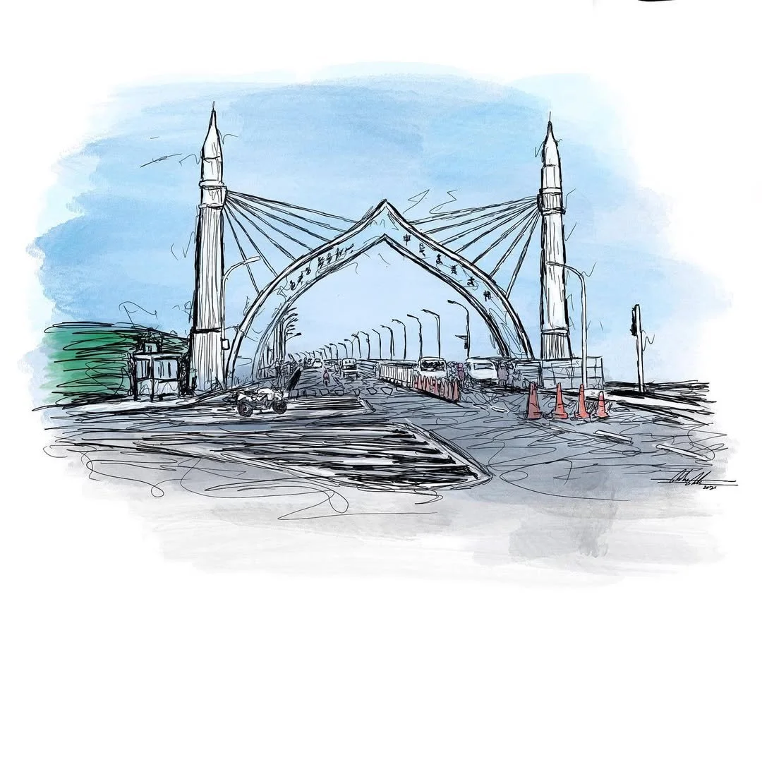 Sketch of a bridge with two tall towers and suspension cables, cars driving underneath, and cones on the road.