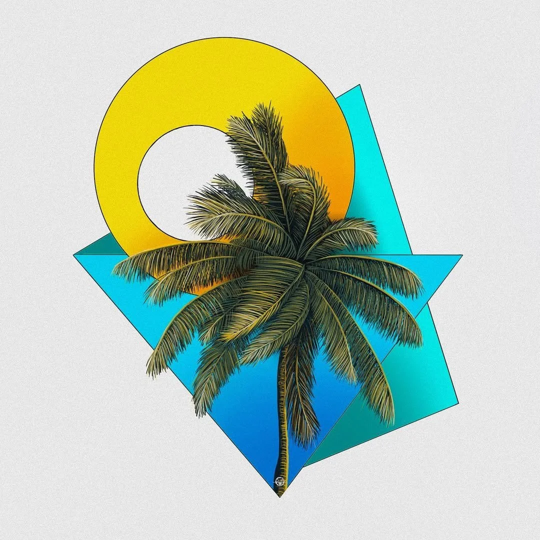 A digital illustration of a palm tree in front of a colorful geometric background, including a yellow circle and blue shapes.