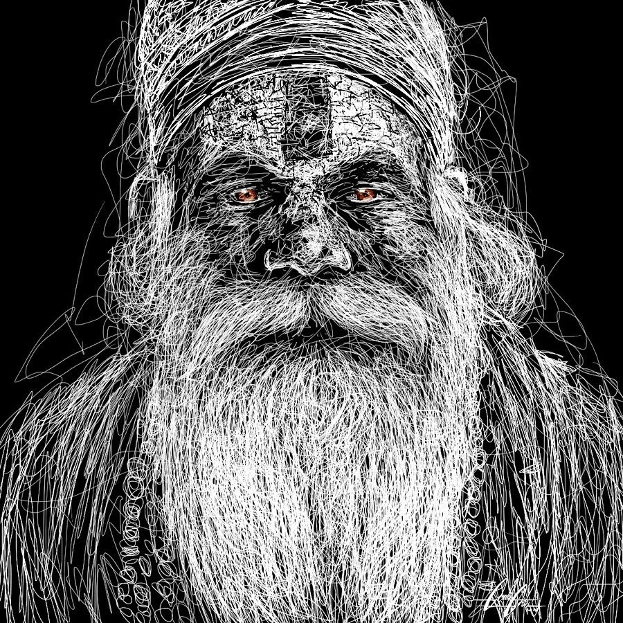 Digital artwork of an elderly man with a long beard, mustache, and traditional hat, created with white scribble lines on a black background, with reddish-brown eyes.