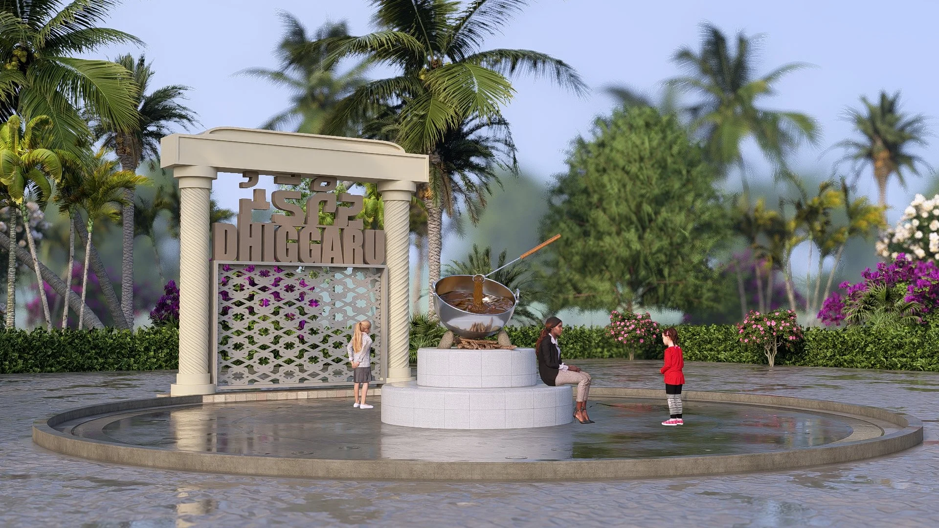 A fountain with a large bowl and flowing water at the center of a circular plaza surrounded by palm trees and colorful flowers, with three women and a girl present.