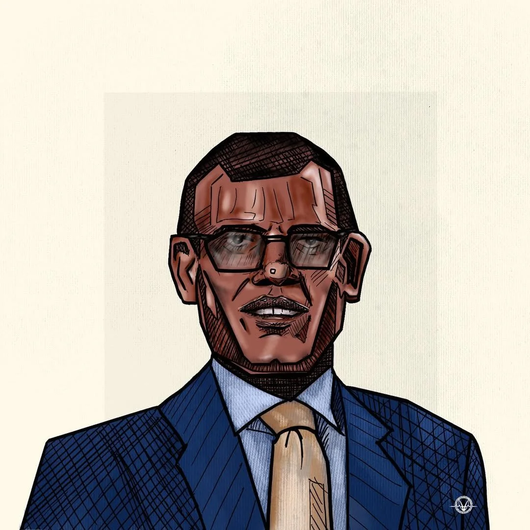 A cartoon style illustration of a man in a suit and tie with glasses, with a smiling expression.